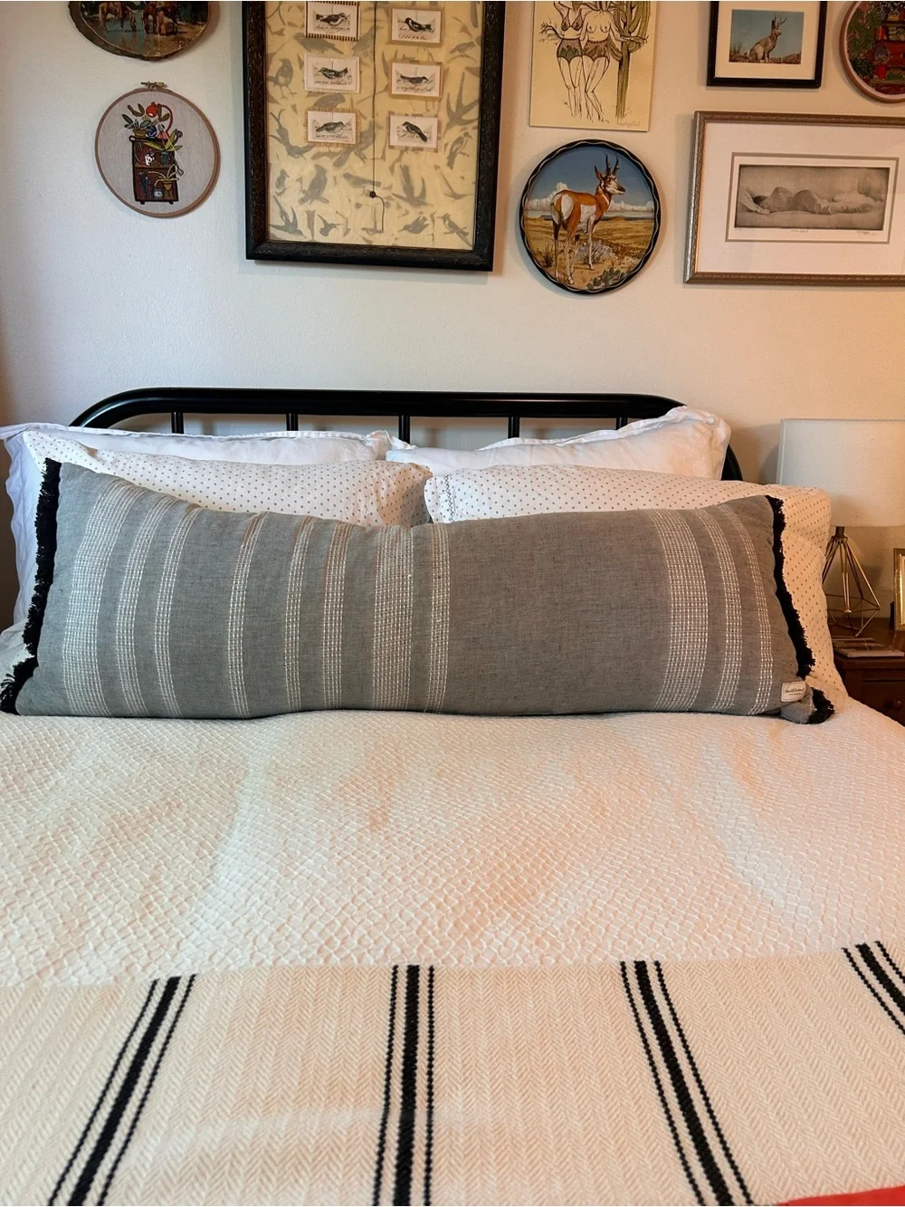 Hearth & Hand Gray Striped Lumbar Pillow with Black Fringe 41”x15” Bed Decor